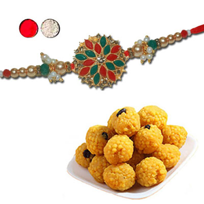 "AMERICAN DIAMOND (AD) RAKHIS -AD 4220 A, 500gms of Laddu - Click here to View more details about this Product